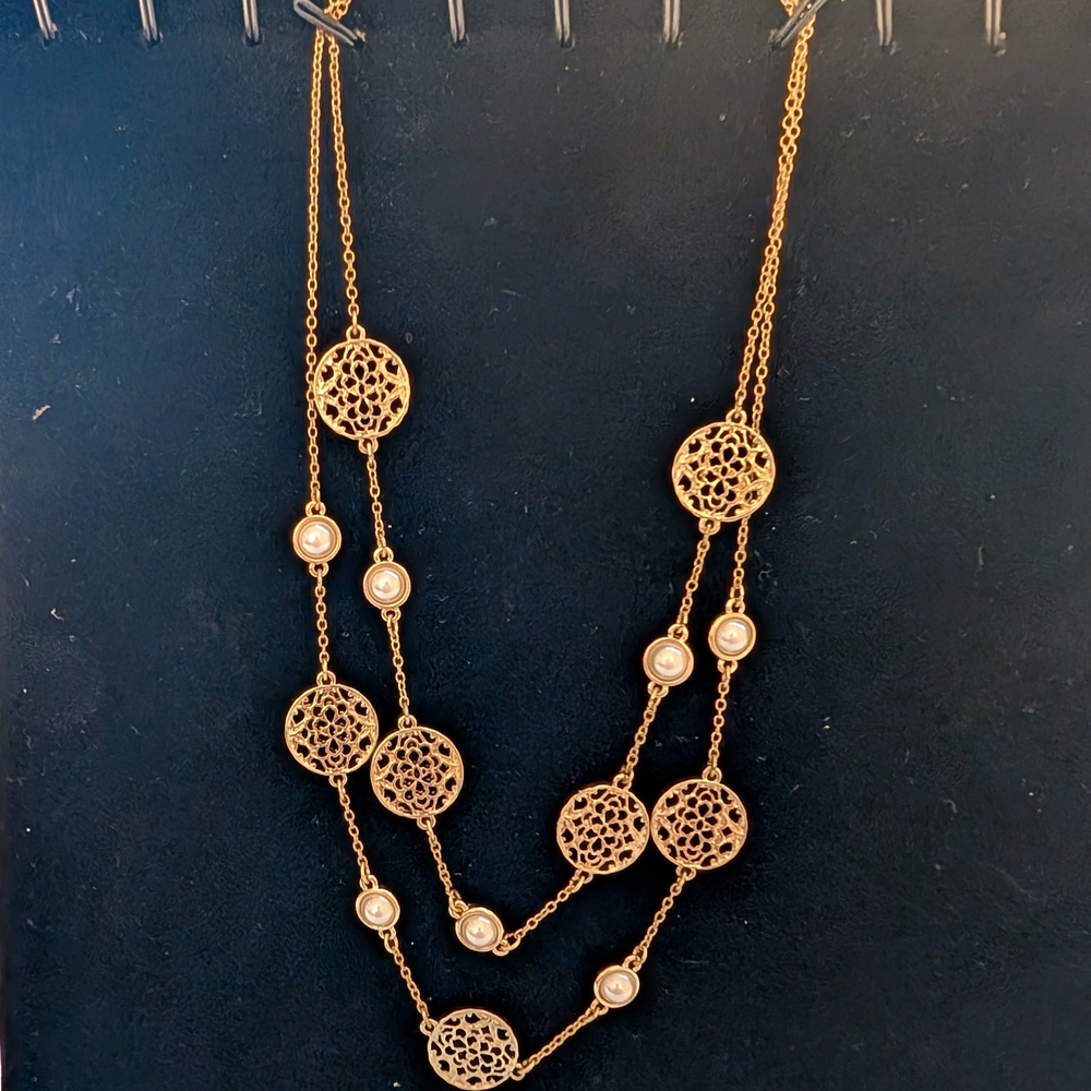 LOFT Gold and Cream Layered Necklace with Filigree and Beads